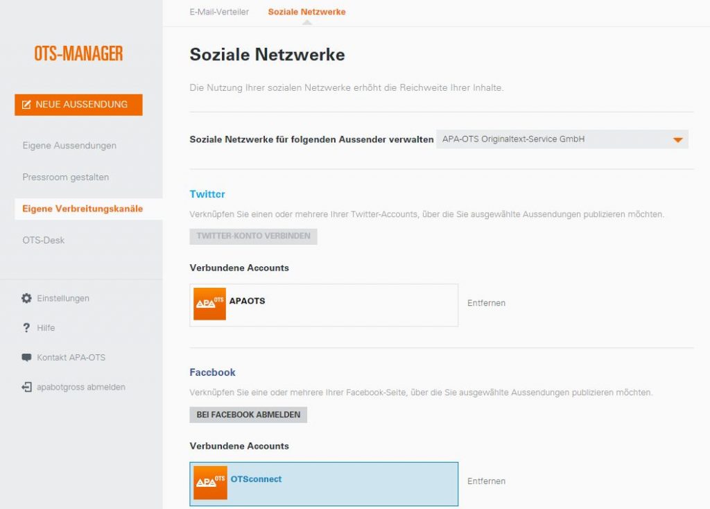Social Media-Verknüpfung OTS-Manager